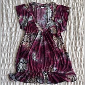 Agenda Maroon Paisley Boho V-Neck Top (M)